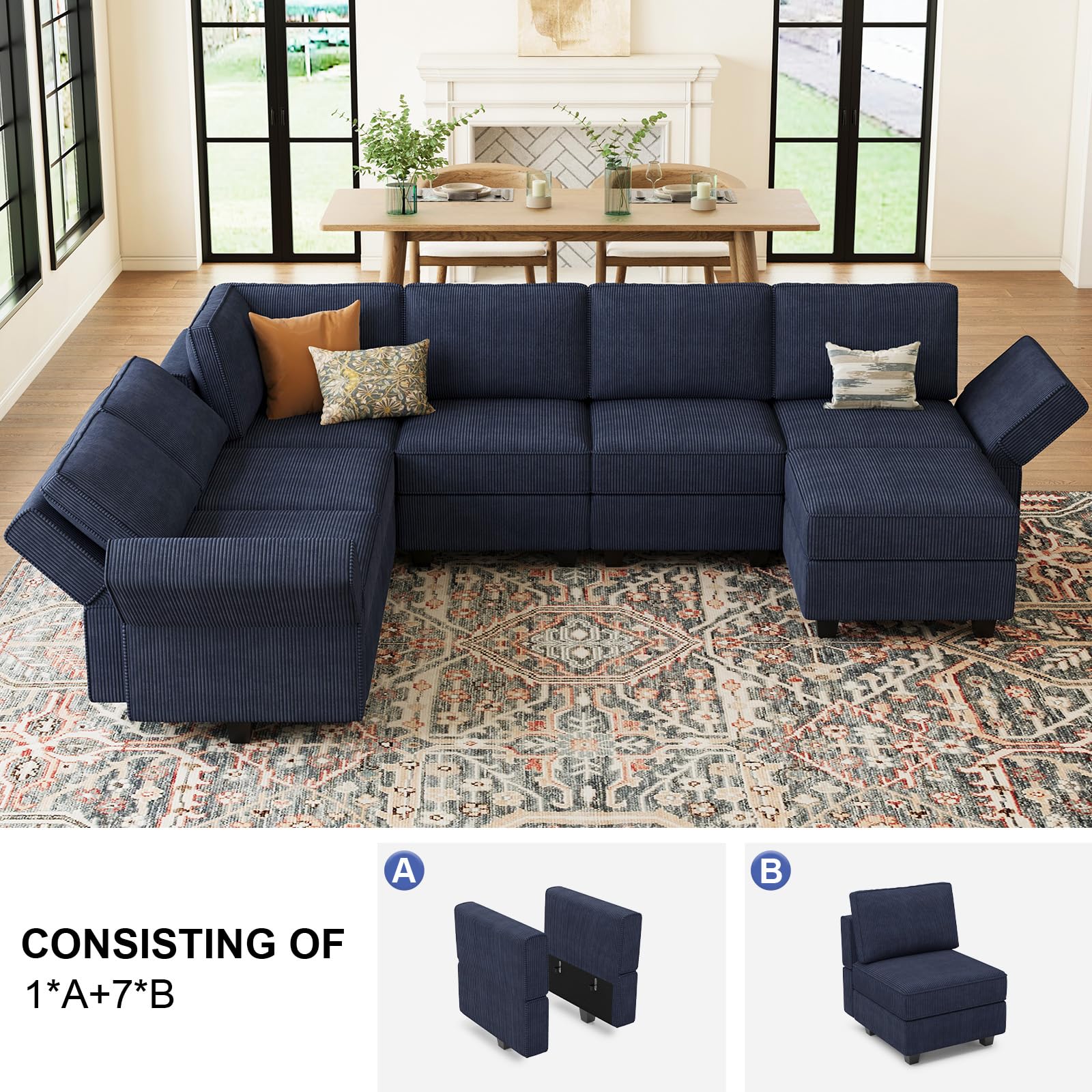 Belffin Modular Sectional Sofa with Storage Ottoman Seats, Corduroy Convertible Oversized Modular U-Shaped Sectional Couch for Living Room, Blue