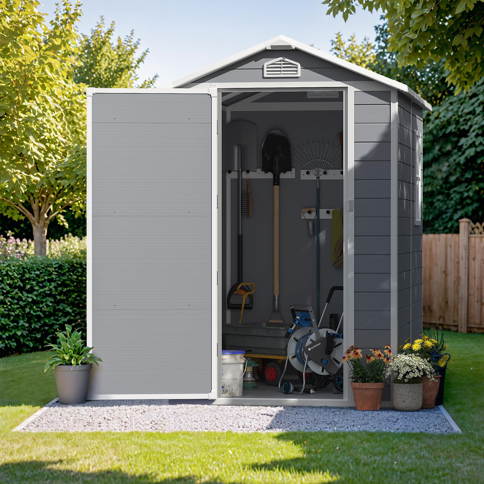 Greesum 6X4FT Resin Outdoor Storage Shed, All Weather Tool Room with Floor, Perfect for Storing Lawn Mowers, Garden Tools, Patio Furniture, Bicycles, Grey