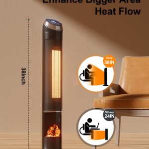 38'' Space Heater, Portable Electric Heater for Indoor Use, 1500W Ceramic Tower Heater with 3D Flame Effect, Adjustable Thermostat, 80° Oscillation, Safety Protection for Office Bedroom Home (Black)