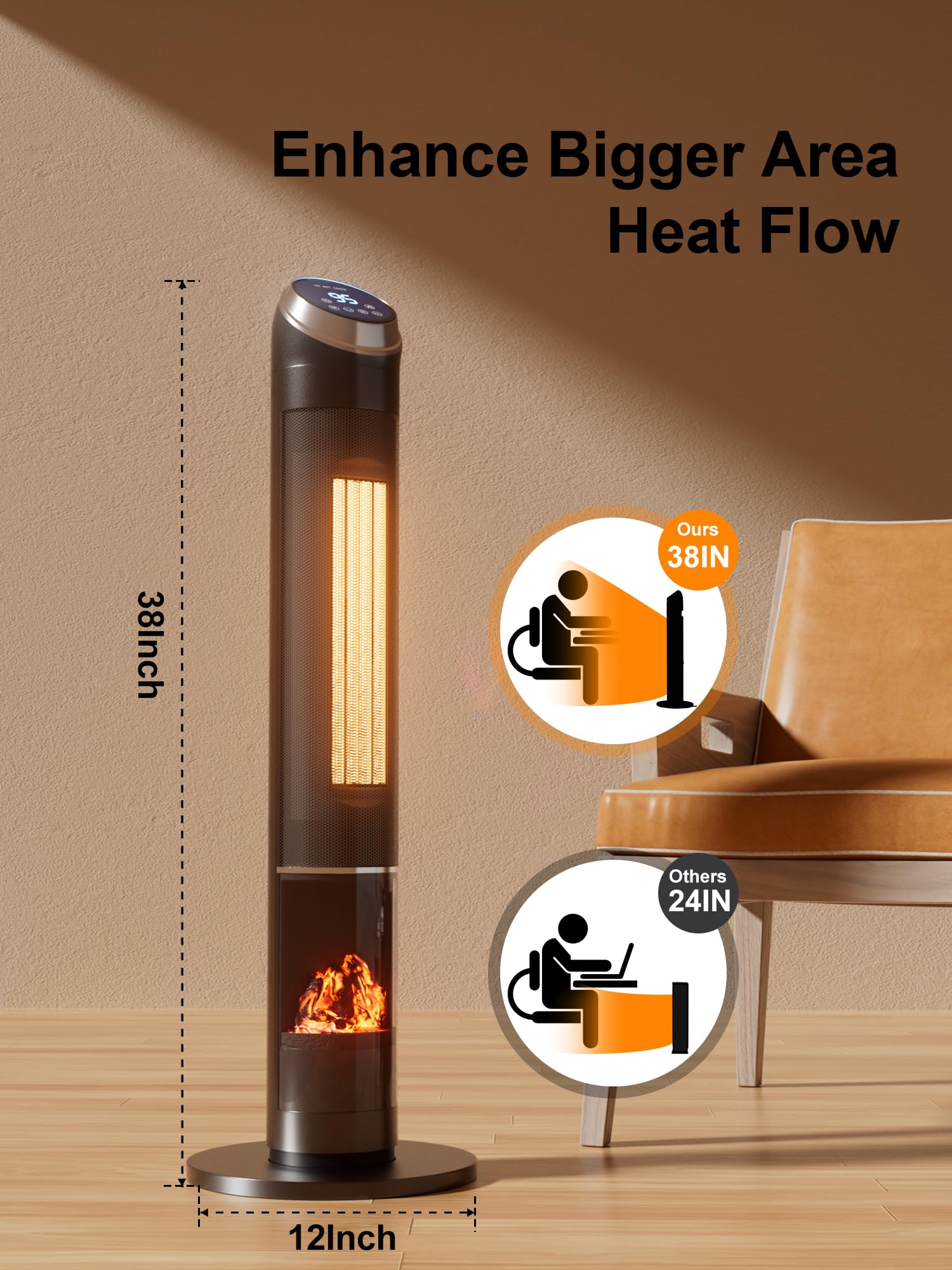 38'' Space Heater, Portable Electric Heater for Indoor Use, 1500W Ceramic Tower Heater with 3D Flame Effect, Adjustable Thermostat, 80° Oscillation, Safety Protection for Office Bedroom Home (Black)