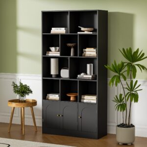 Housoul 71" Tall Bookshelf with 10 Cubes and 3 Doors, 4-Tier Bookshelf, Open Shelf Bookcase with Cabinet, Modern Cube Storage Organizer for Living Room, and Office, Black