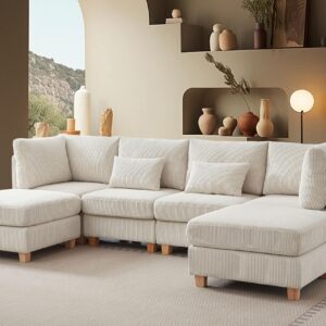 Dagniwak Convertible Sectional Sofa，U-Shaped Couch，Freely Combinable Sofa Modules, Corduroy Fabric, with High Supportive and Soft Sponges, for Living Rooms, Apartments and Offices (Beige)