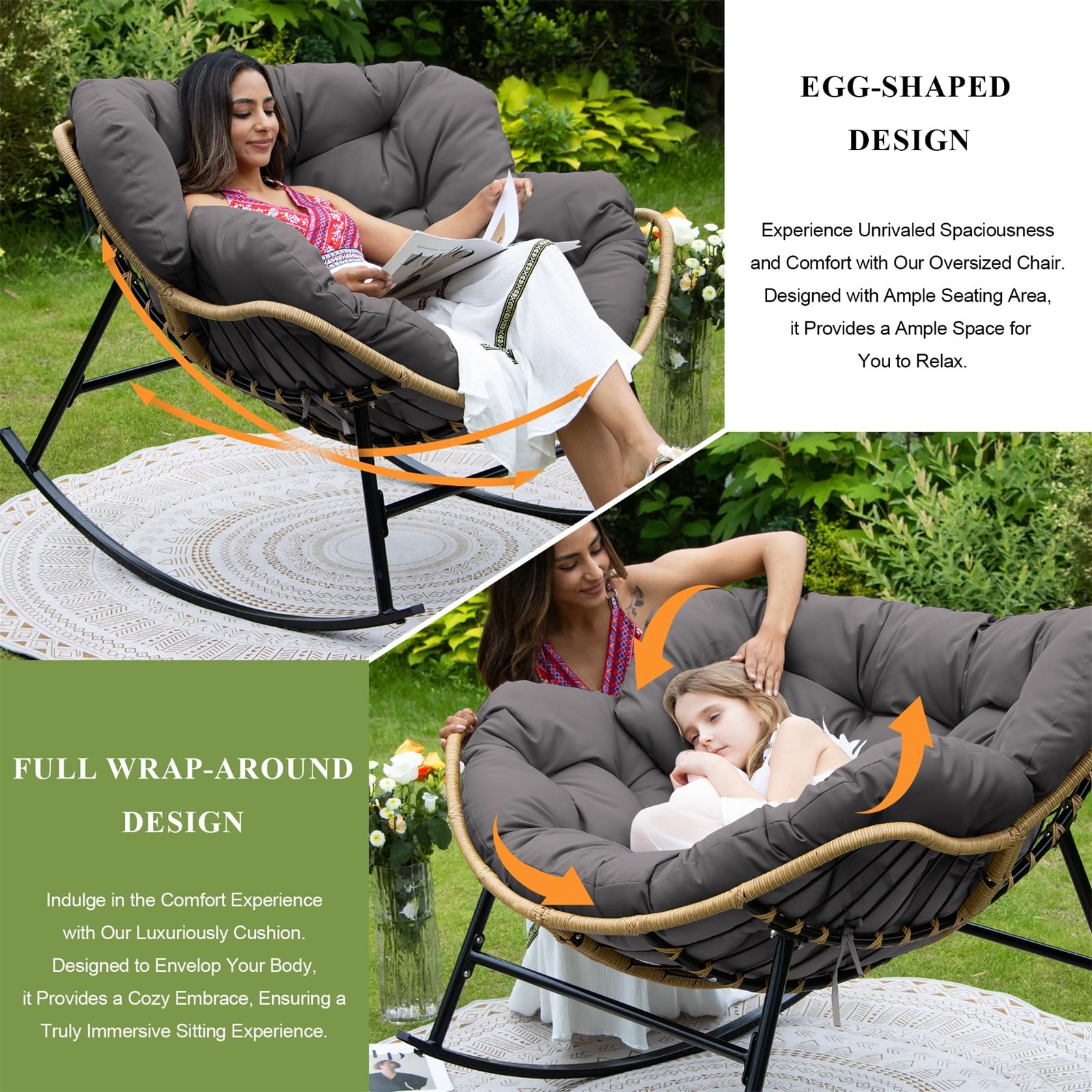 FINCATI Indoor Outdoor Papasan Rocking Chairs,Modern Large Reading Lounge Chair with Cushion,Rattan Royal Egg Chair for Bedroom Living Room Porch Garden(Dark Gray)