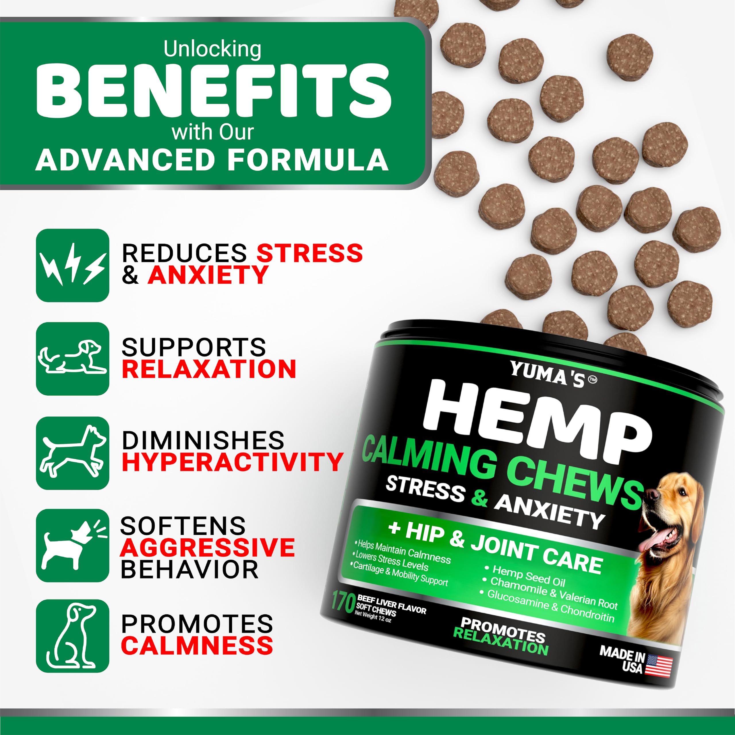 Hemp Calming Chews for Dogs Anxiety - Advanced Dog Calming Treats - 170 Dog Calming Chews - Anxiety Relief Treats - Hemp Oil - Separation Aid, Stress, Hip and Joint Supplement for Dogs Health Support