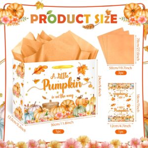 Thanksgiving Pumpkin Baby Shower Birthday Gift Bag for Baby Girls Boys A Little Pumpkin is On The Way Gift Bag with Wrapping Paper Card Fall Autumn Gift Bag for Baby Shower Party Supplies