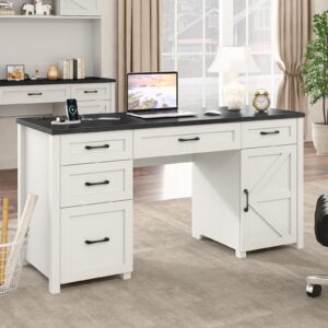 farmhouse 61'' executive desk with 5 drawers, rustic office desk computer desk with charging station, file drawers and storage cabinet, wood workstation for home office and study, black