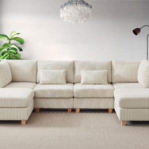 Dagniwak Convertible Sectional Sofa，U-Shaped Couch，Freely Combinable Sofa Modules, Corduroy Fabric, with High Supportive and Soft Sponges, for Living Rooms, Apartments and Offices (Beige)