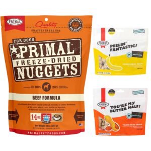 primal freeze dried dog bundle, beef food nuggets 14oz, chicken & peanut butter treats 2oz, chicken & banana treats 2oz, grain free, high protein, high protein with probiotics