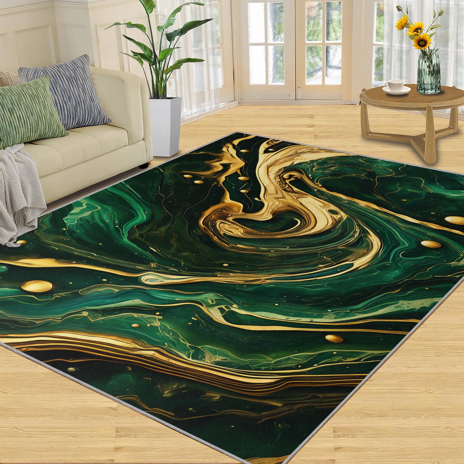 LEGENOB Area Rugs 2x3 Gold Green Marble Texture Area Rug ，Modern Abstract Fluids Print Green Rug ，Washable Rug ，Apply to Restroom Bathroom Laundry Room Kitchen Foyer Entrance Interior Door Mat