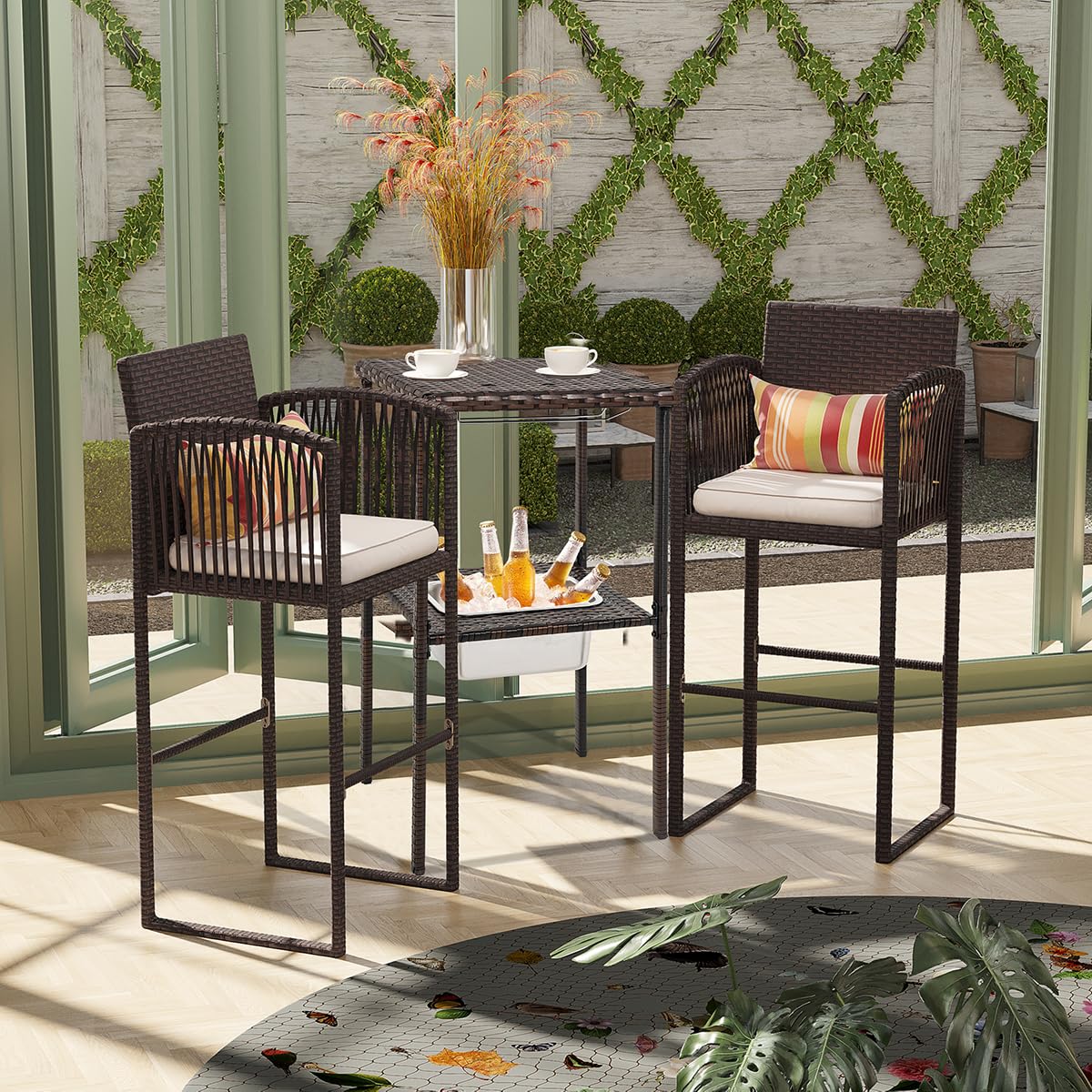 Sundale Outdoor 3 Pieces Wicker Bar Furniture Set for 2, Patio Stools and Bar Set with Glass Holder & Ice Bucket, Counter and 2 Pub Stools, High Top Bistro Dining Set, Brown Rattan and Beige Cushions