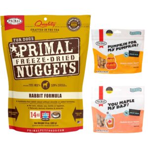 primal freeze dried dog bundle, rabbit food nuggets 14oz, chicken & pumpkin treats 2oz, pork & maple treats 2oz, grain free, high protein, high protein with probiotics