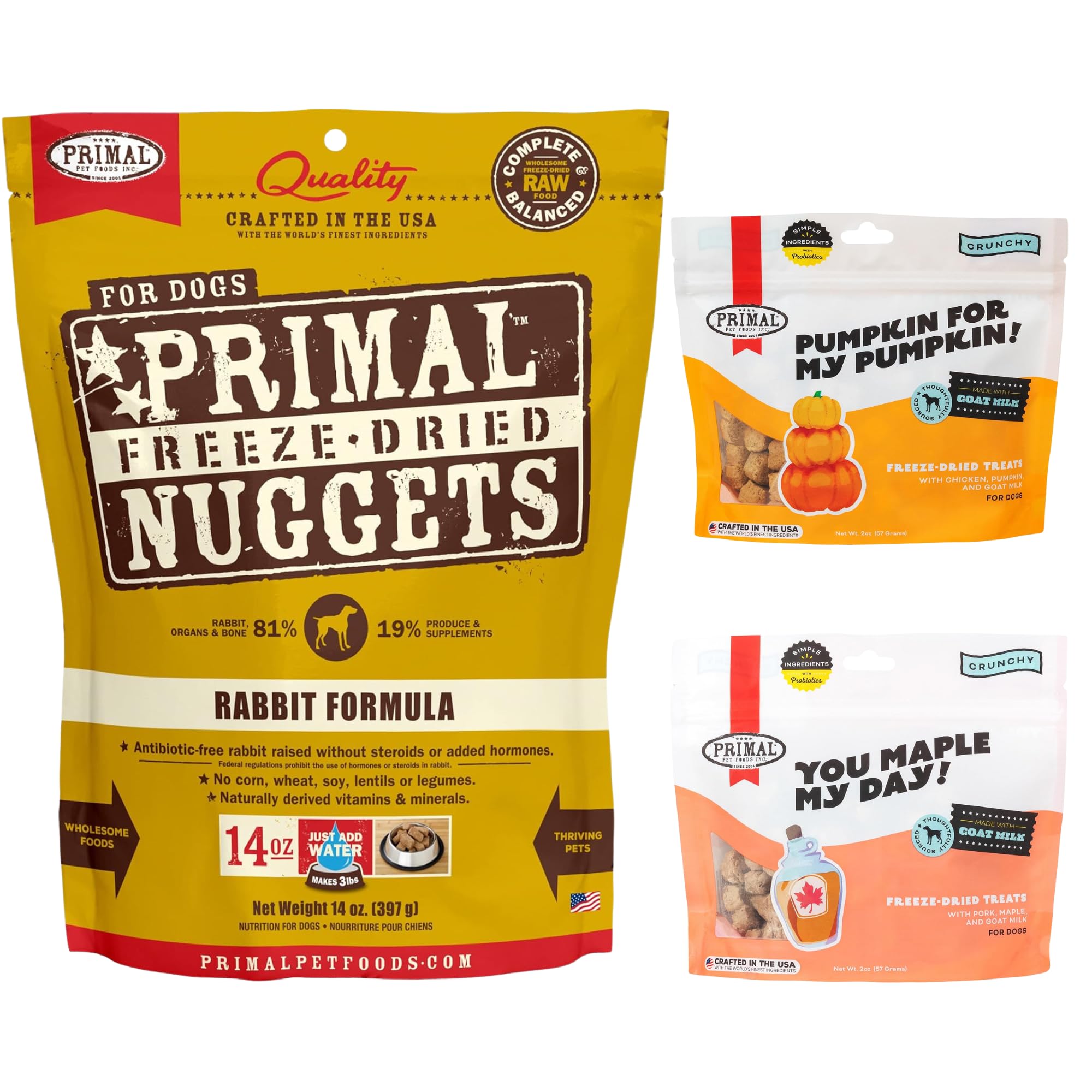 Primal Freeze Dried Dog Bundle, Rabbit Food Nuggets 14oz, Chicken & Pumpkin Treats 2oz, Pork & Maple Treats 2oz, Grain Free, High Protein, High Protein with Probiotics