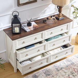 OKYCI Farmhouse 6 Drawer Dresser for Bedroom, Double Wood Chest of Drawers with 1.2" Thickened Top - 54" W x 31.5" H, Antique White