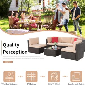 Shintenchi 6 Pieces Patio Furniture Sets Outdoor All-Weather Sectional Patio Sofa Set PE Rattan Manual Weaving Wicker Patio Conversation Set with Glass Table&Ottoman Cushion and Red Pillows, Neutral