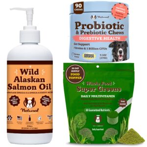 natural dog company dog allergy relief and nutritional support, complete wellness bundle with probiotic chews, wild alaskan salmon oil, and super greens granules for skin, coat, and immune health