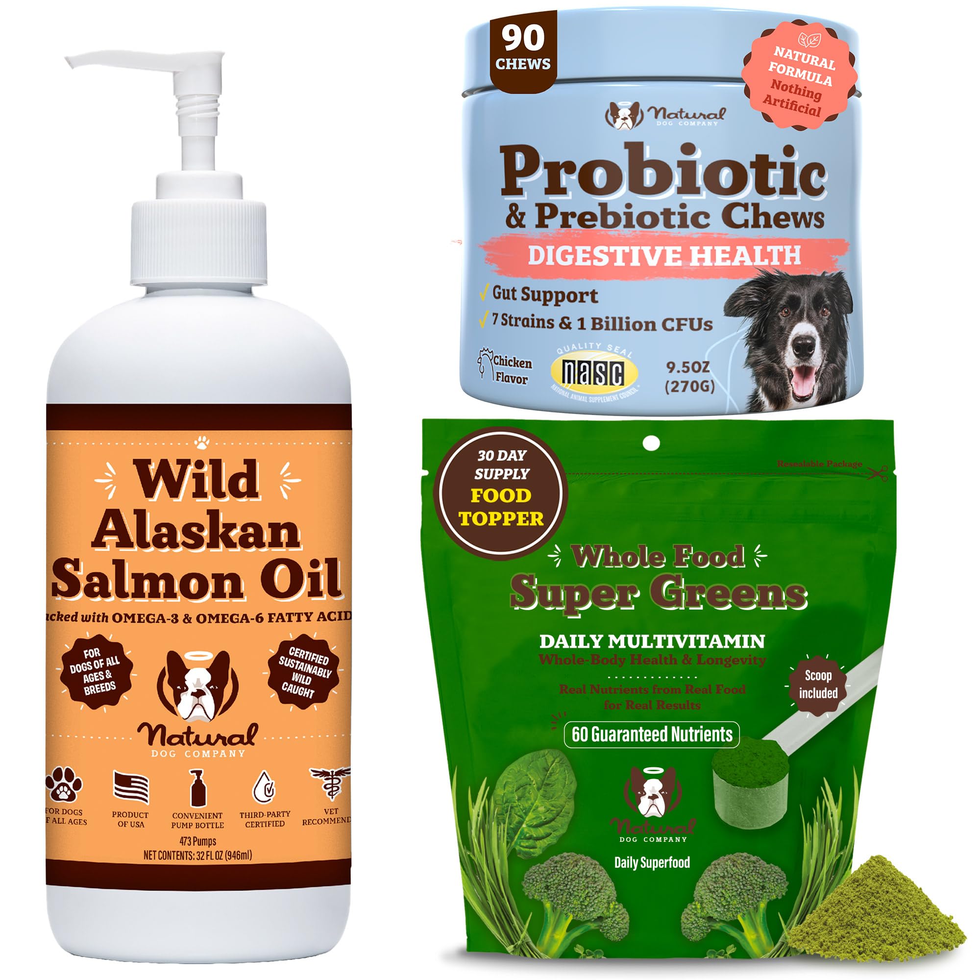 Natural Dog Company Dog Allergy Relief and Nutritional Support, Complete Wellness Bundle with Probiotic Chews, Wild Alaskan Salmon Oil, and Super Greens Granules for Skin, Coat, and Immune Health