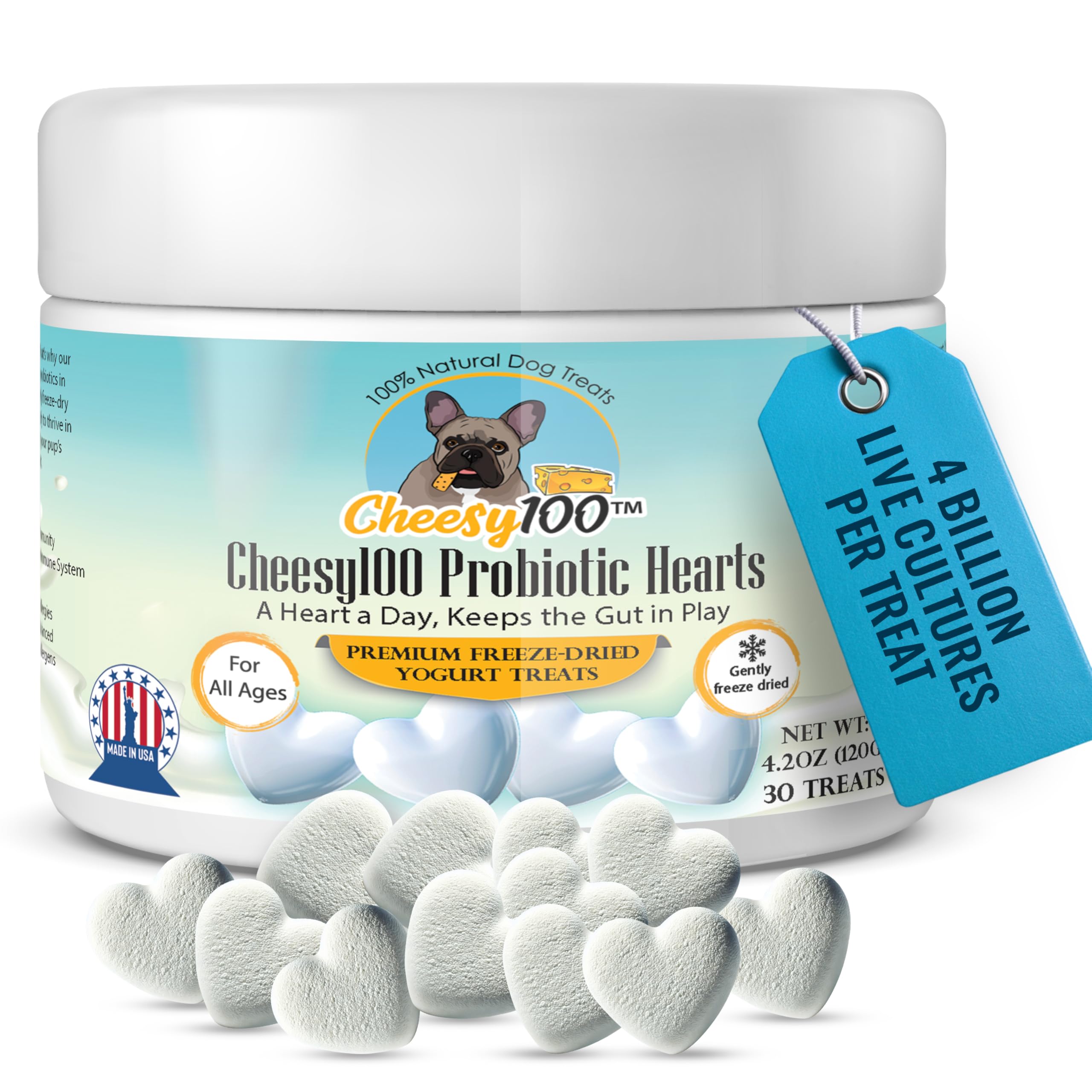 Cheesy100 Probiotic Dog Treats - Gentle Freeze-Dried Yogurt Hearts with 4 Billion Live Cultures