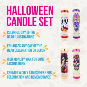 Halloween Candles Set of 4 Slow Burning Made of Premium Wax - Candles Dia de Los Muertos Candles - Day of The Dead Decorations for Altar - Dia de Muertos Decorations - Dia de Los Muertos Altar