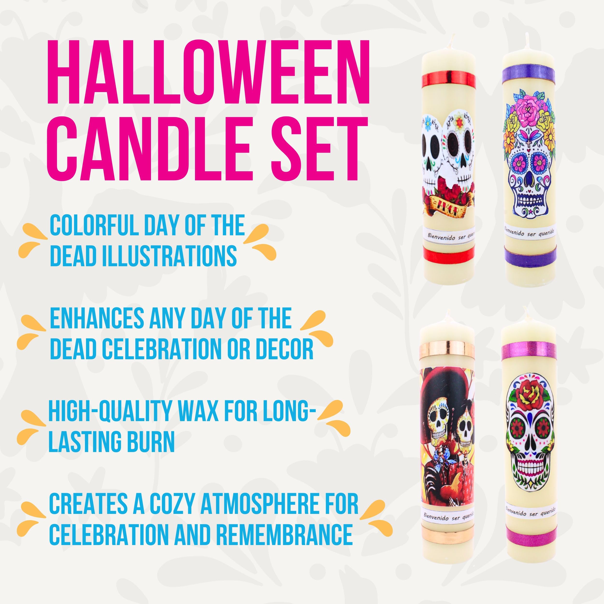 Halloween Candles Set of 4 Slow Burning Made of Premium Wax - Candles Dia de Los Muertos Candles - Day of The Dead Decorations for Altar - Dia de Muertos Decorations - Dia de Los Muertos Altar