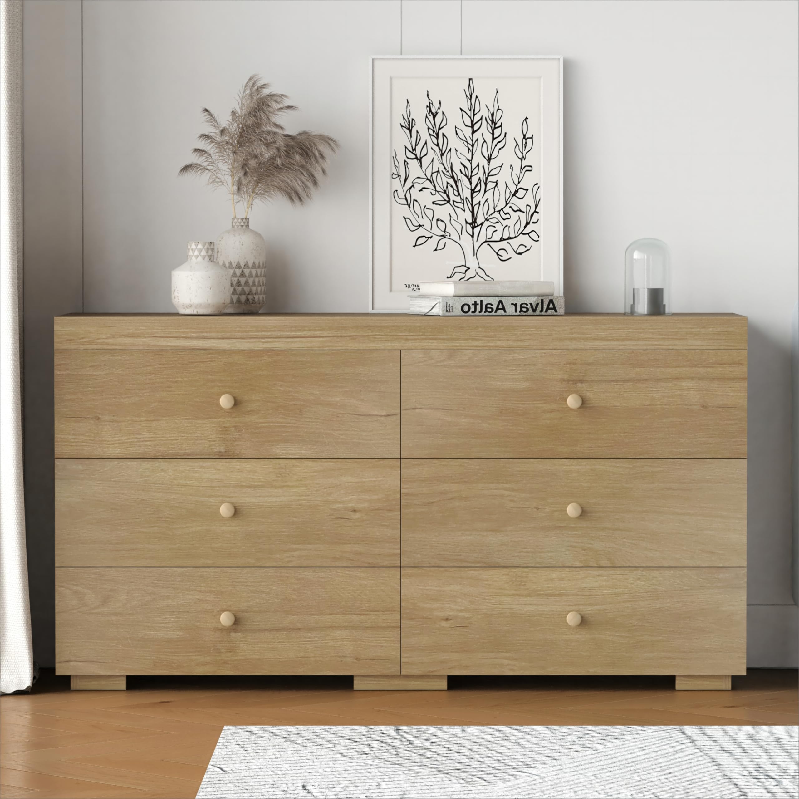 Zenflare 6 Drawer Dresser for Bedroom Wood Dresser 58.3" Wide, Large Chest of Drawers for Bedroom, Living Room, Hallway, Entryway, Modern TV Stand Drawer Organizer, Natural Oak