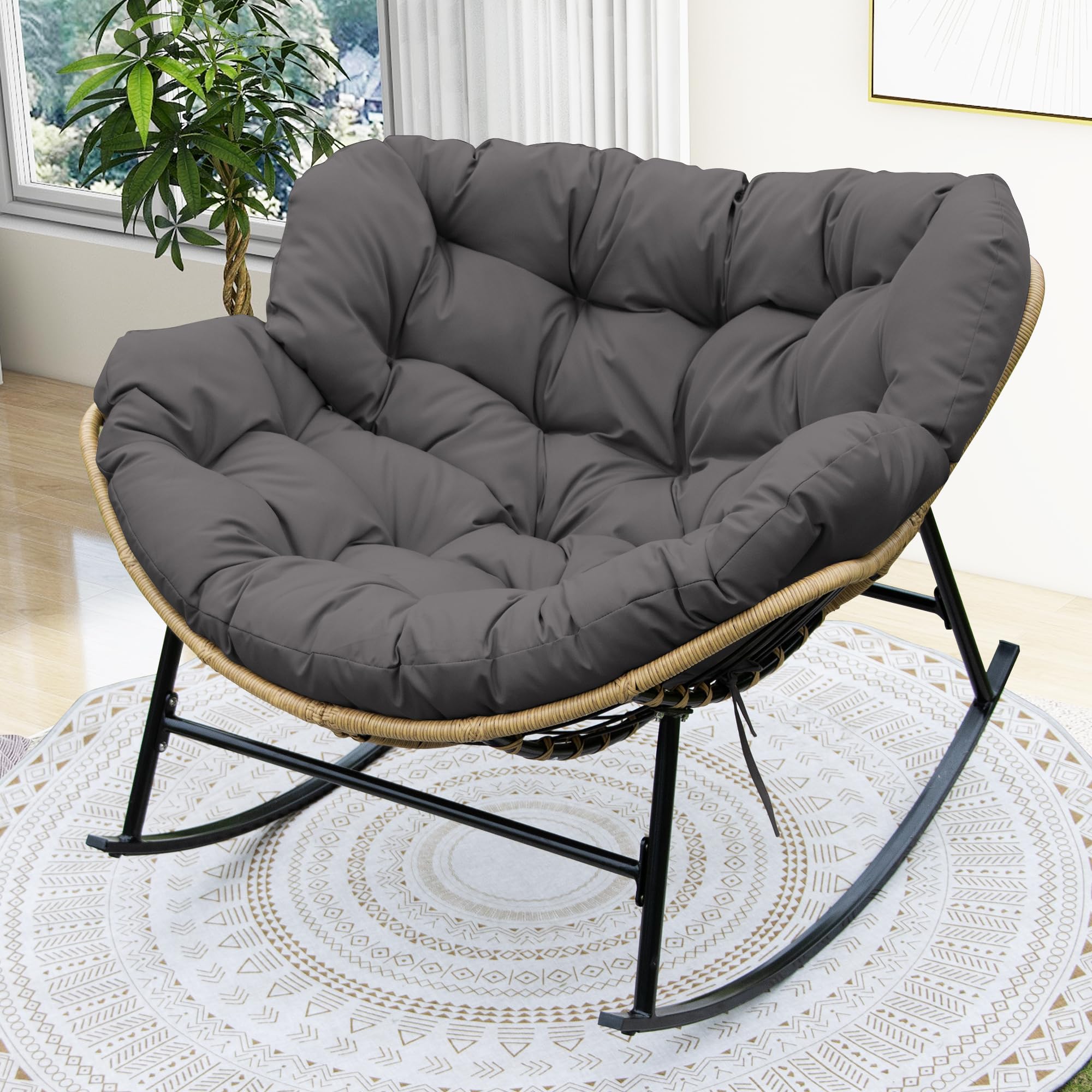 FINCATI Indoor Outdoor Papasan Rocking Chairs,Modern Large Reading Lounge Chair with Cushion,Rattan Royal Egg Chair for Bedroom Living Room Porch Garden(Dark Gray)