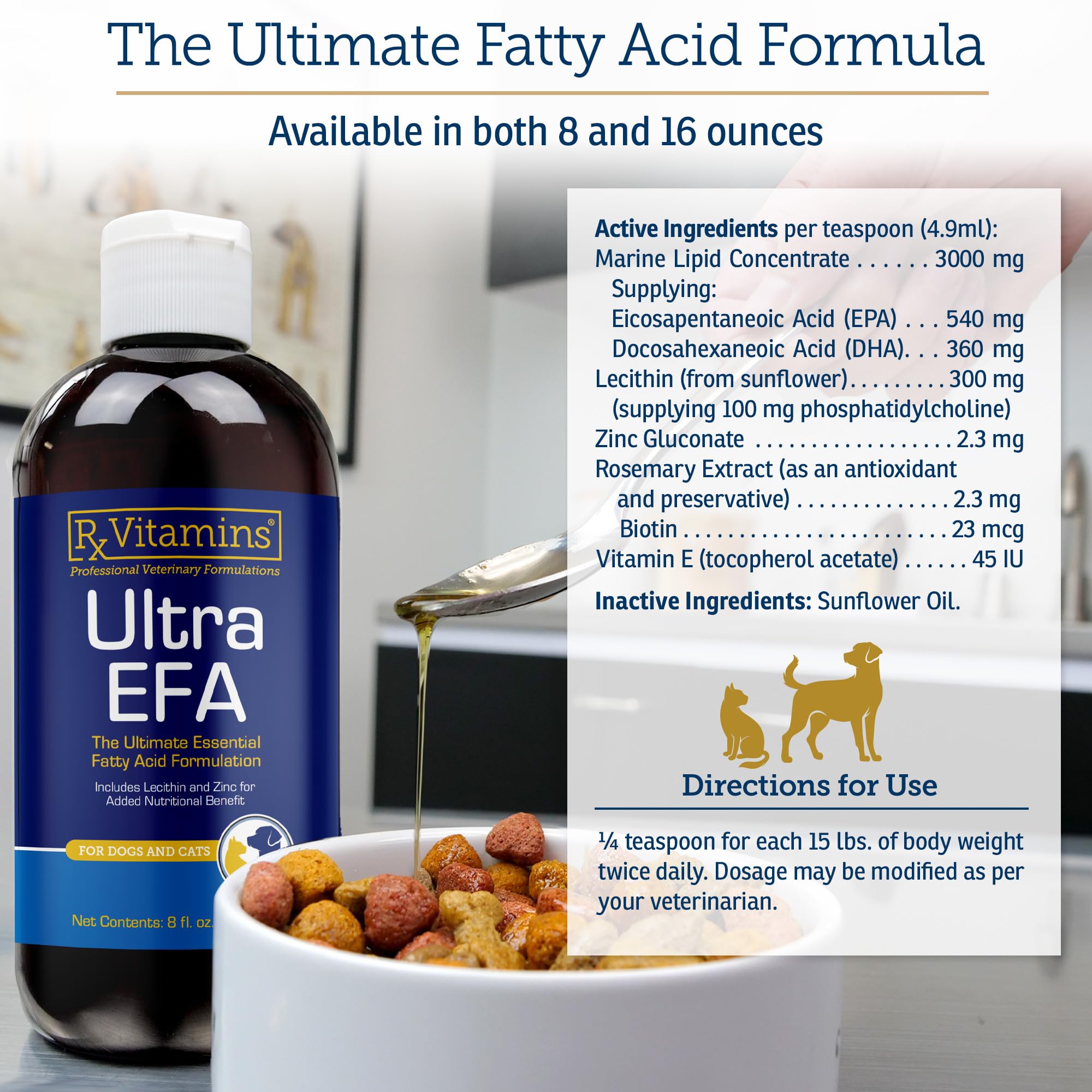 Rx Vitamins Ultra EFA Omega 3 Fish Oil for Dogs & Cats - Promotes Heart, Brain, and Joint Health with Vitamin E, Biotin, and Zinc - Liquid Fish Oil for Itch Relief, Dog Shedding, Coat Health - 8 oz