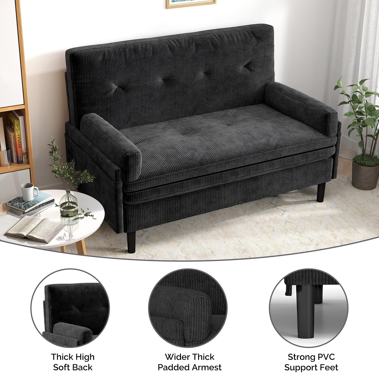 homeokay Convertible Queen Sleeper Sofa Bed Couch, with Pull-Out Feature, 5 Adjustable Backrest Positions, Removable Armrests, Ottoman, and Storage for Living Room(Black)