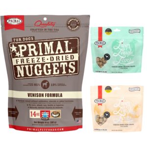 primal freeze dried dog bundle, venison food nuggets 14oz, chicken liver treats 1.5oz, pork liver treats 1.5oz, grain free, high protein, high protein with probiotics