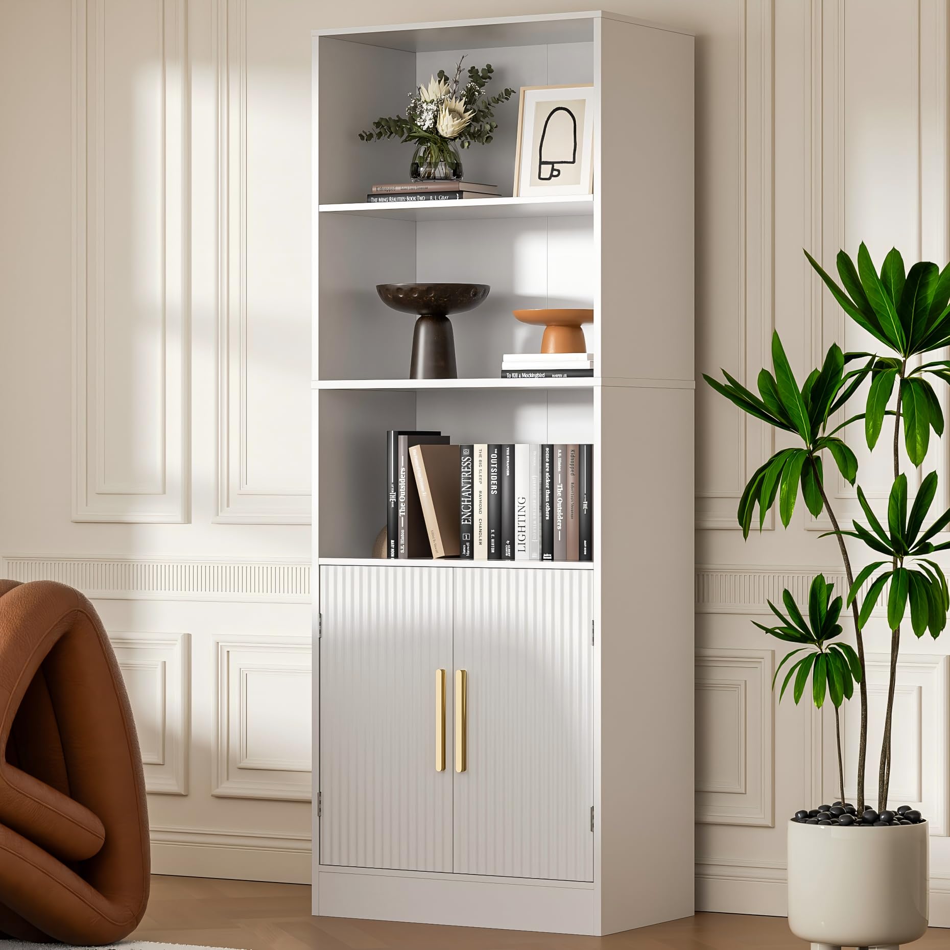 Housoul Modern Bookshelf with Doors, 63" Tall Bookshelf with Storage, 3 Shelf Bookcase with Adjustable Shelf, 3 Tier Bookshelf, Open Shelves Bookcase, Unique Bookshelf for Bedroom & Office, White