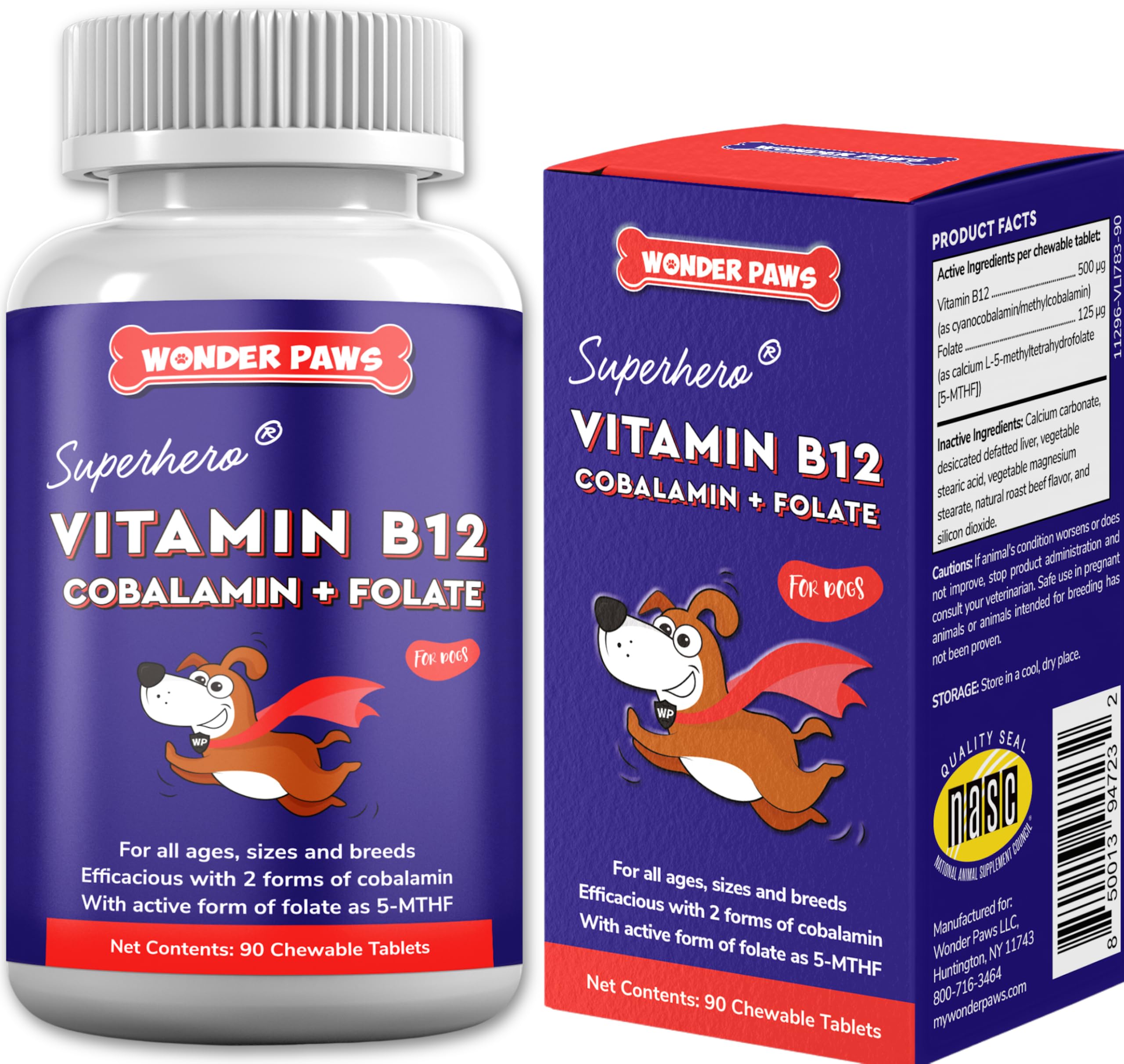 Wonder Paws B12 Supplement for Dogs – Vitamin B-12 for Dogs of All Ages, Sizes & Breeds – Vitamin B12 for Dogs as Superior Methylcobalamin, Cobalamin & Folate (5-MTHF) – 90 Beef Flavored Chewables