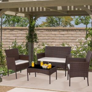 shintenchi 4 piece outdoor patio furniture sets, small wicker patio conversation furniture rattan chair set with tempered glass coffee table for backyard porch garden poolside balcony