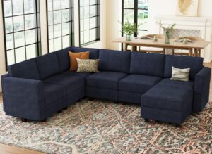 belffin modular sectional sofa with storage ottoman seats, corduroy convertible oversized modular u-shaped sectional couch for living room, blue