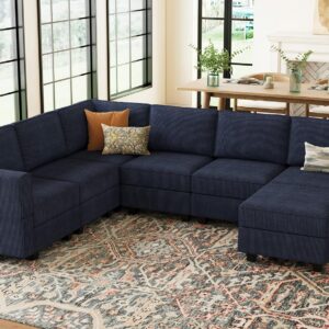 Belffin Modular Sectional Sofa with Storage Ottoman Seats, Corduroy Convertible Oversized Modular U-Shaped Sectional Couch for Living Room, Blue