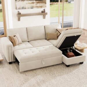 Belffin Secitonal Sleeper Sofa with Pull Out Couch Bed Modular Sectional Sofa with Storage Couch Velvet L Shaped Couch Sleeper Sofa Bed Beige