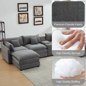 VEPXXP 144.5" Oversized Modular Sectional Couch with Storage Console, Cup Holders & USB Ports, Modern Chenille Upholstered U-Shaped Cloud Sofa w/Ottomans for Living Room Apartment Office, Grey