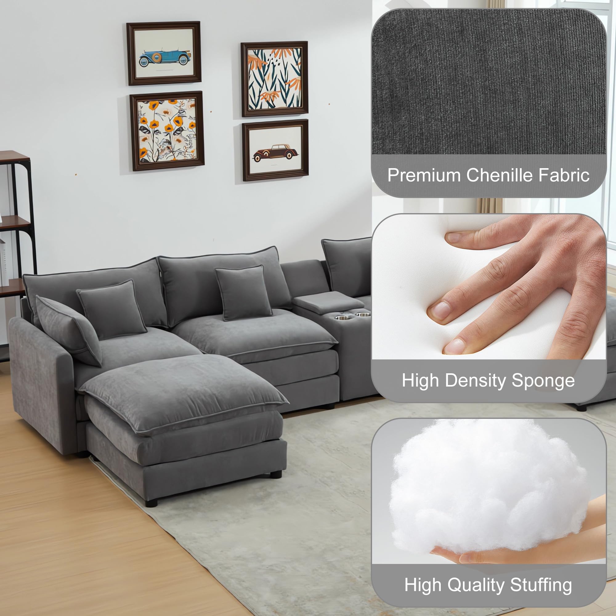 VEPXXP 144.5" Oversized Modular Sectional Couch with Storage Console, Cup Holders & USB Ports, Modern Chenille Upholstered U-Shaped Cloud Sofa w/Ottomans for Living Room Apartment Office, Grey