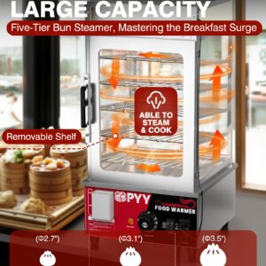 PYY Bun Steamer Electric Food Display - Upgrade Automatic Temperature Control 5 Layers Display Stainless Steel Commercial Bun Steamer For Kiosk, 1200W/110V