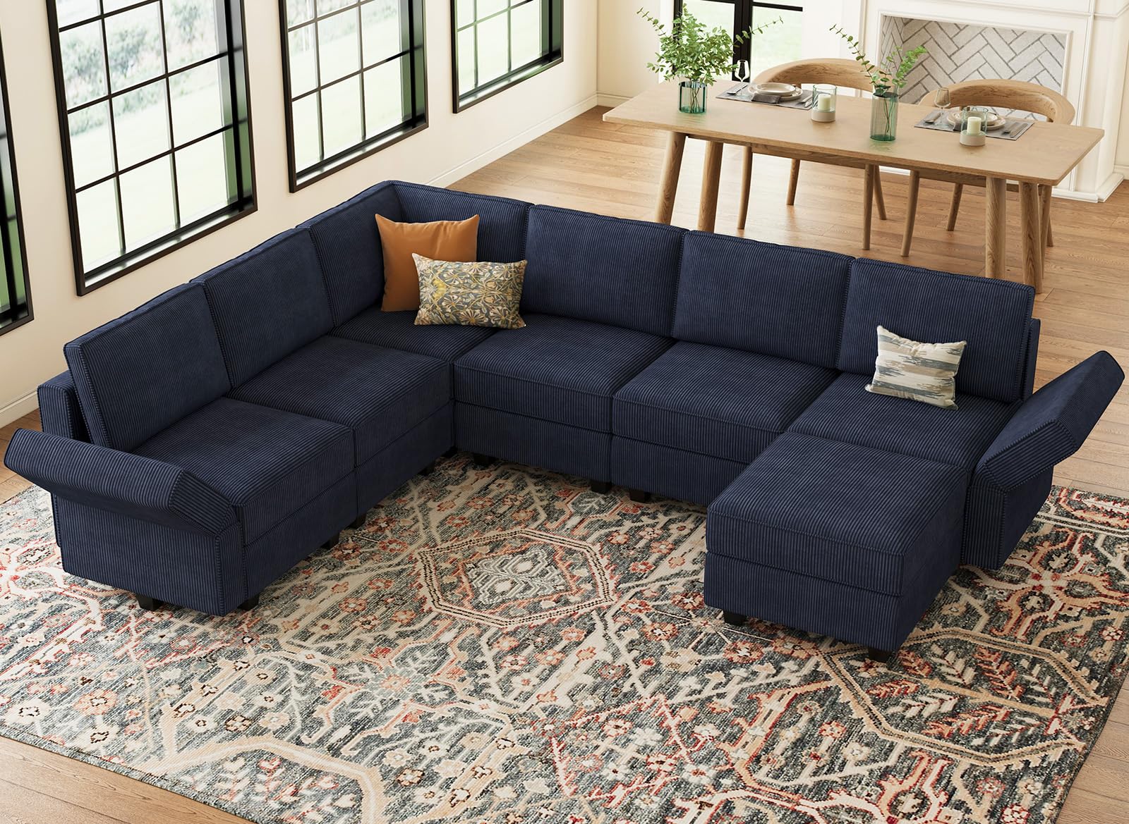 Belffin Modular Sectional Sofa with Storage Ottoman Seats, Corduroy Convertible Oversized Modular U-Shaped Sectional Couch for Living Room, Blue