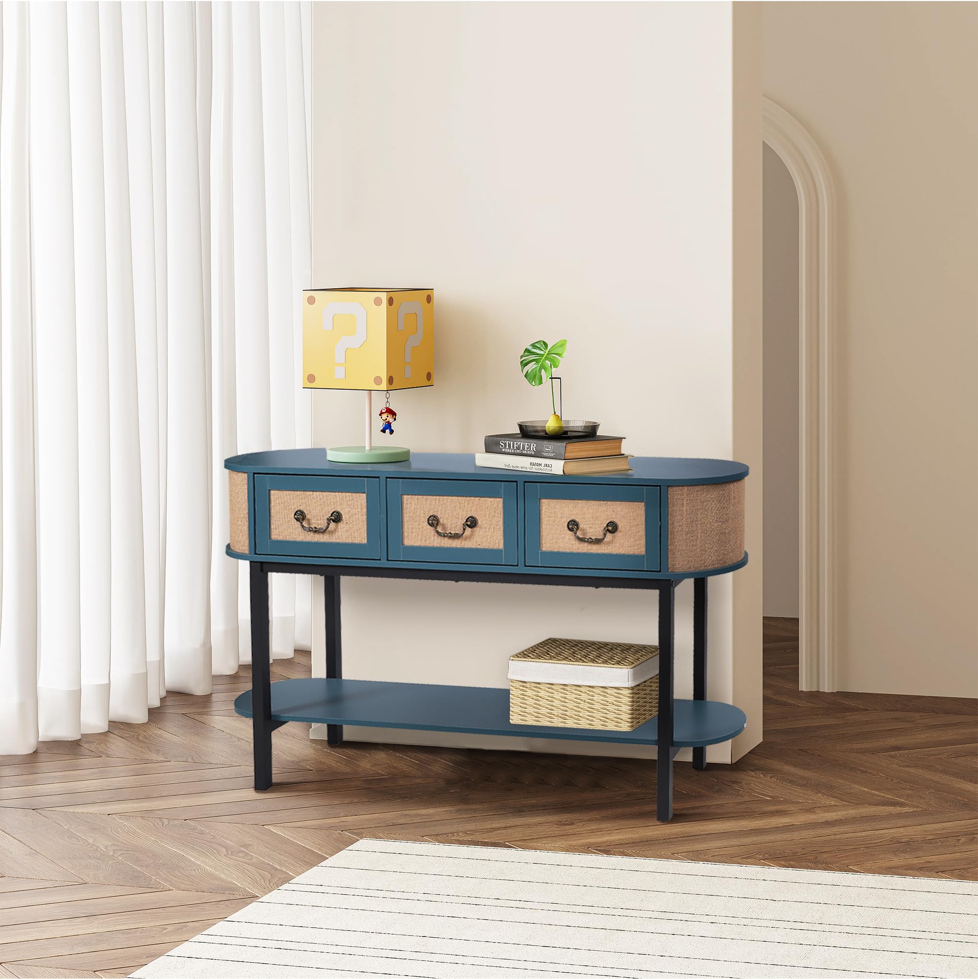 FurSch Rattan Entryway Table with Storage, Narrow Oval Console Table with Drawers,Blue 53.6" Long and Slim Couch Table Behind Sofa for Living Room Hallway Entrance Foyer