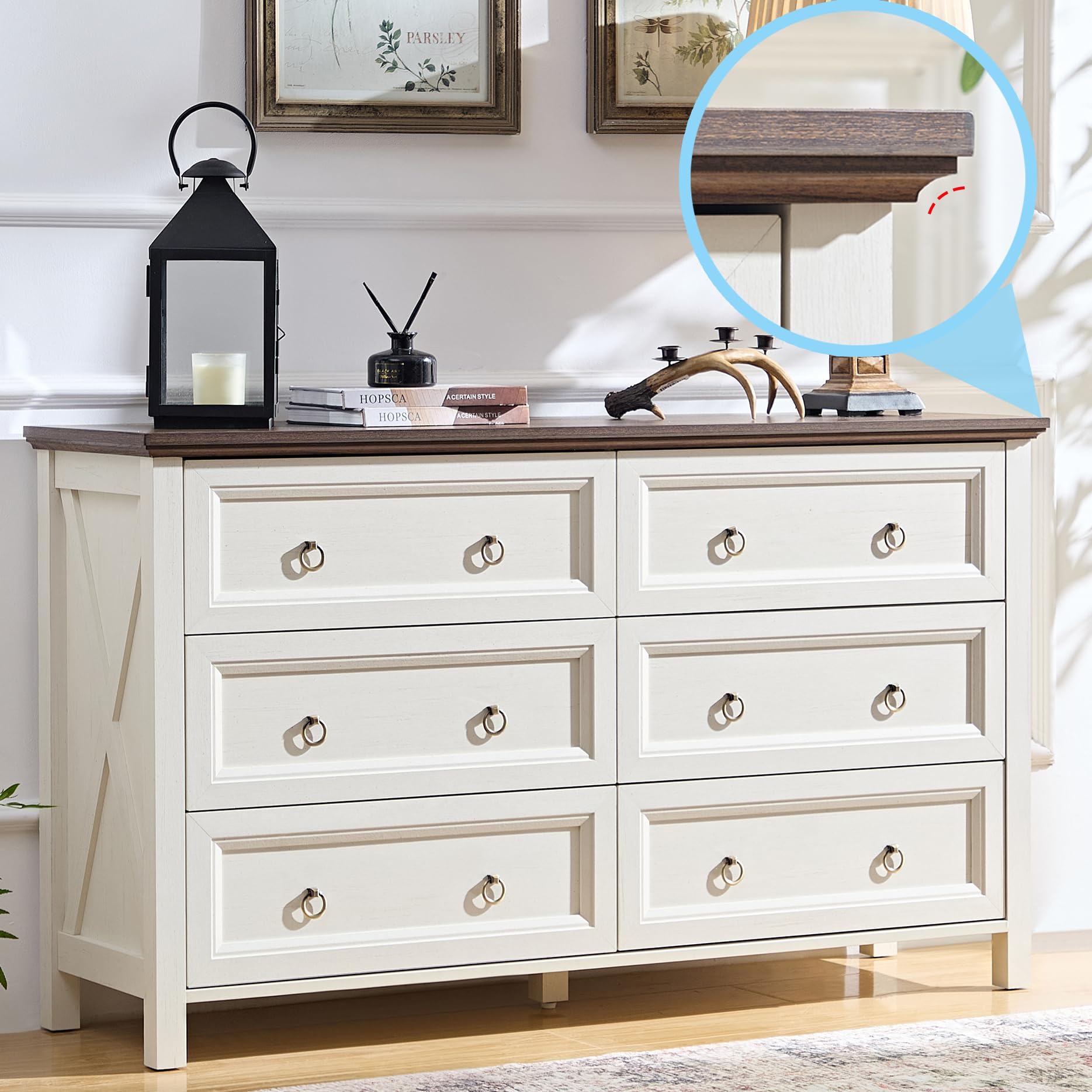 OKYCI Farmhouse 6 Drawer Dresser for Bedroom, Double Wood Chest of Drawers with 1.2" Thickened Top - 54" W x 31.5" H, Antique White