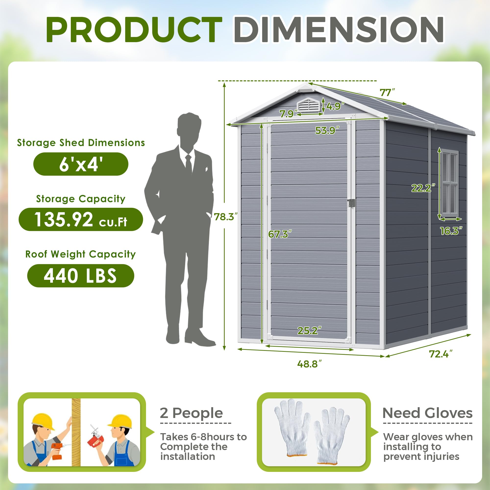 Greesum 6X4FT Resin Outdoor Storage Shed, All Weather Tool Room with Floor, Perfect for Storing Lawn Mowers, Garden Tools, Patio Furniture, Bicycles, Grey