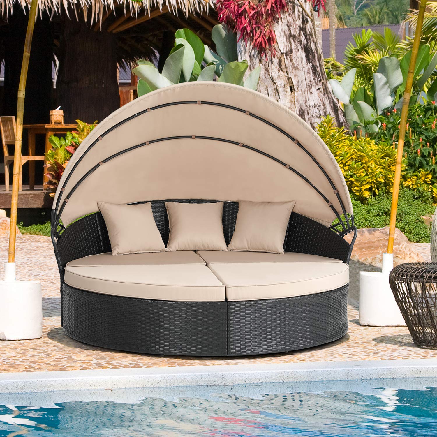 JAMFLY Patio Furniture Outdoor Round Daybed with Retractable Canopy, Wicker Furniture Round Daybed with Washable Cushions, Backyard Poolside Outdoor Sectional Seating