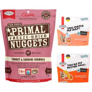 primal freeze dried dog bundle, turkey & sardine food nuggets 14oz, pork & maple treats 2oz, chicken & peanut butter treats 2oz, grain free, high protein, high protein with probiotics