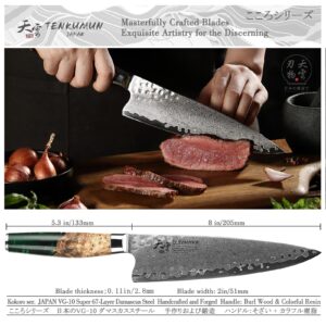 Tenkumun Japanese Gyutou Knife Pro. Handcrafted 8 inch Chef Knife Handmade Forged Knife Japan VG-10 Damascus Steel -Kokoro ser.