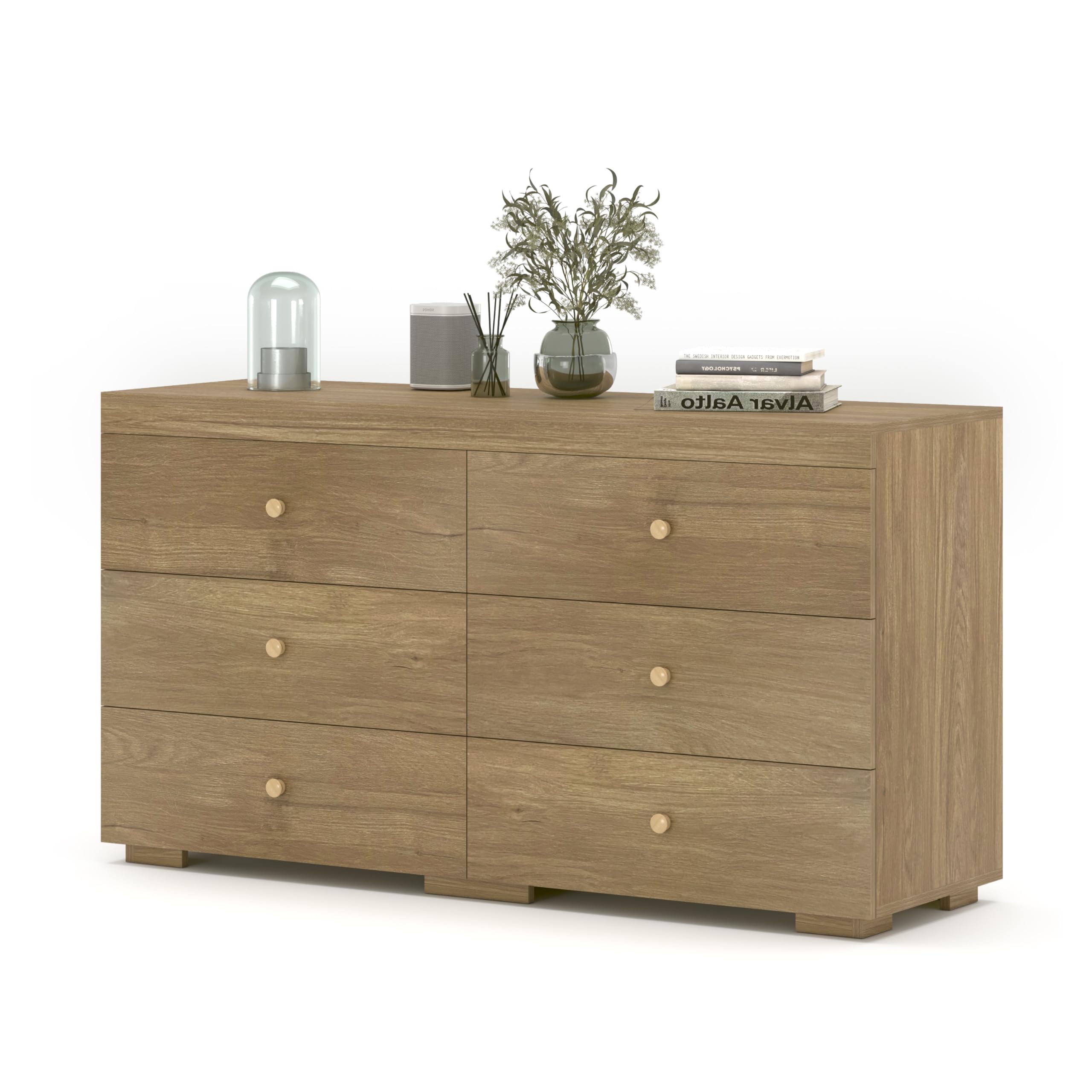 Zenflare 6 Drawer Dresser for Bedroom Wood Dresser 58.3" Wide, Large Chest of Drawers for Bedroom, Living Room, Hallway, Entryway, Modern TV Stand Drawer Organizer, Natural Oak