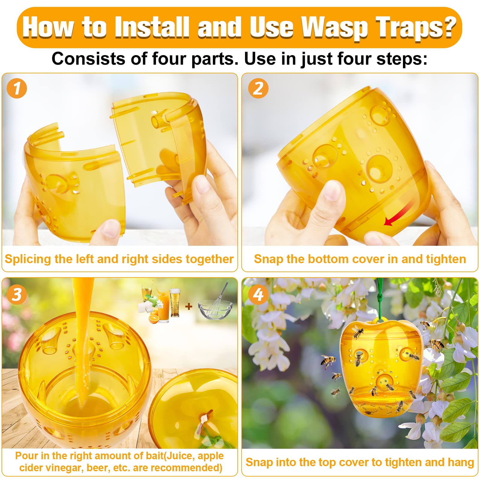 Wasp Trap, Bee Traps Catcher, Outdoor Hanging Wasp Traps, Wasp Repellent Trap Killer Insect Catcher, Upgraded Non-Toxic Reusable Yellow Jacket Trap, Orange - 2 Pack