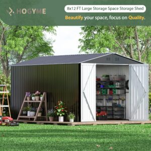 HOGYME 8 x 12 FT Outdoor Storage Shed, Large Metal Tool Sheds with Updated Frame Structure and Lockable Doors, Garden Shed for Backyard Garden Patio Lawn, Grey