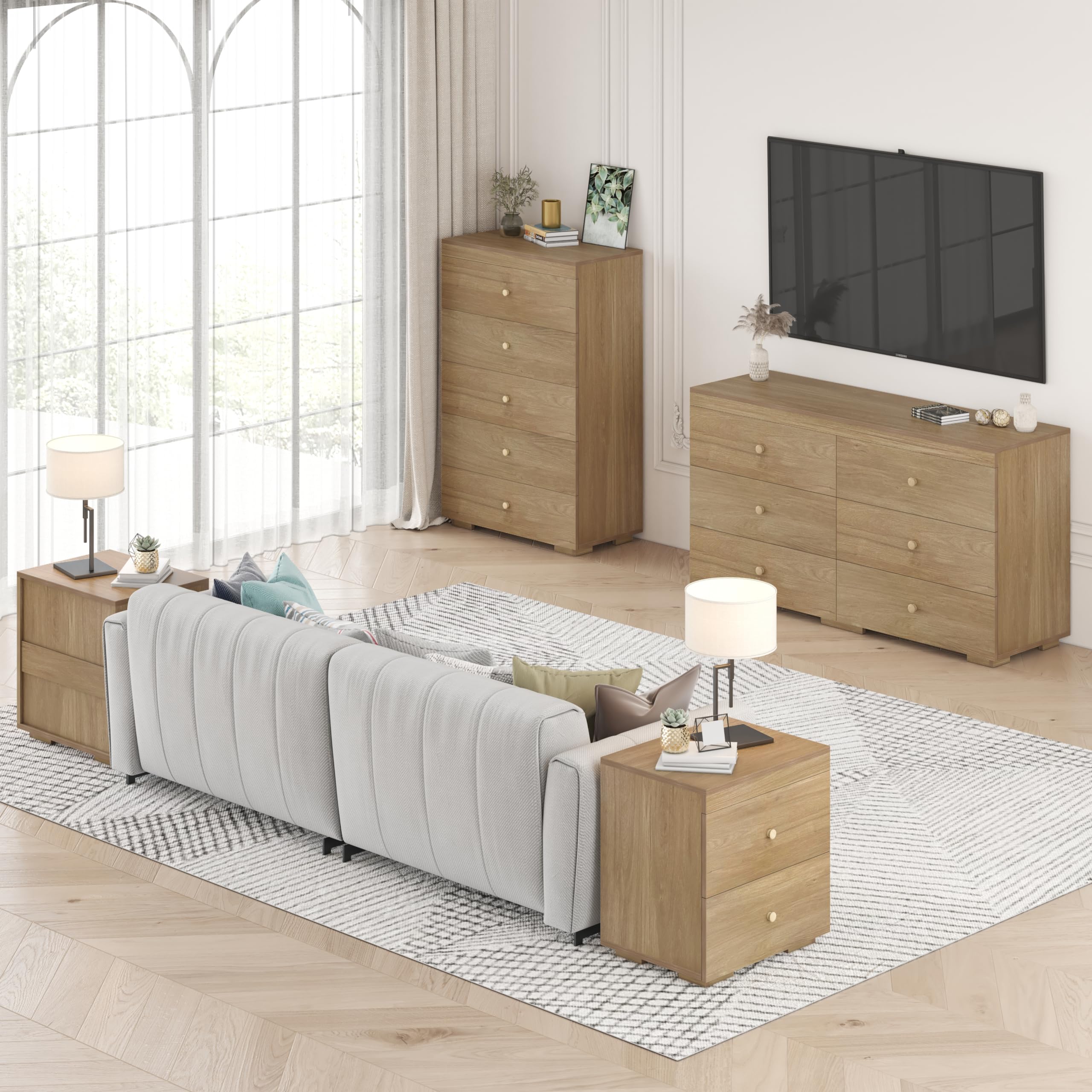 Zenflare 6 Drawer Dresser for Bedroom Wood Dresser 58.3" Wide, Large Chest of Drawers for Bedroom, Living Room, Hallway, Entryway, Modern TV Stand Drawer Organizer, Natural Oak