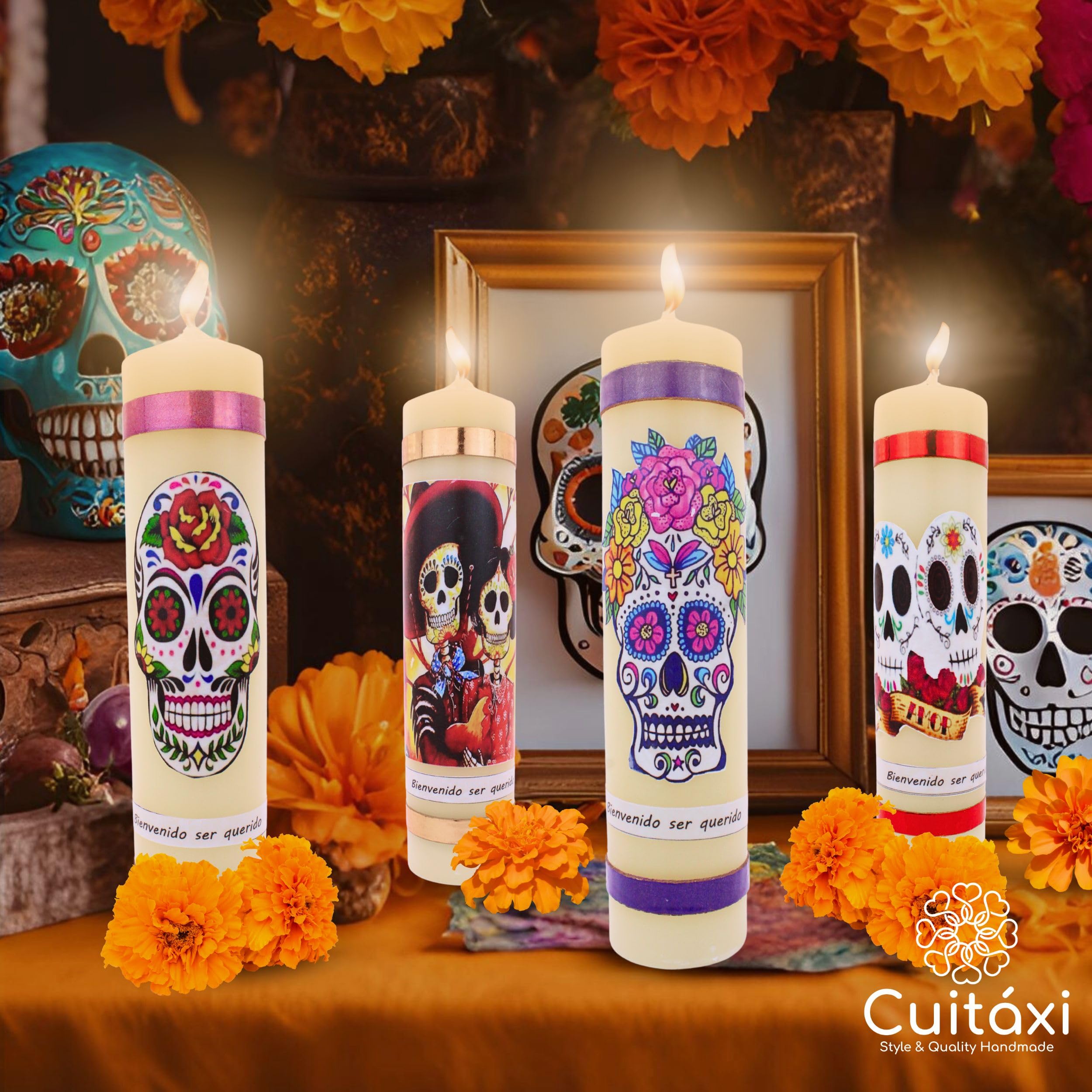 Halloween Candles Set of 4 Slow Burning Made of Premium Wax - Candles Dia de Los Muertos Candles - Day of The Dead Decorations for Altar - Dia de Muertos Decorations - Dia de Los Muertos Altar