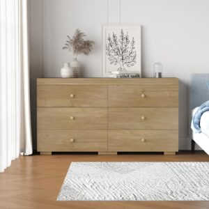 Zenflare 6 Drawer Dresser for Bedroom Wood Dresser 58.3" Wide, Large Chest of Drawers for Bedroom, Living Room, Hallway, Entryway, Modern TV Stand Drawer Organizer, Natural Oak